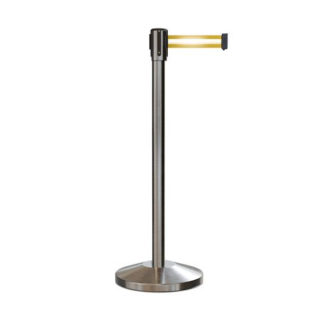 MONTOUR LINE Retractable Belt Barrier Stanchion, 2" Sat.Steel Post  9' Y Ref. Belt M530-SS-YRH-90